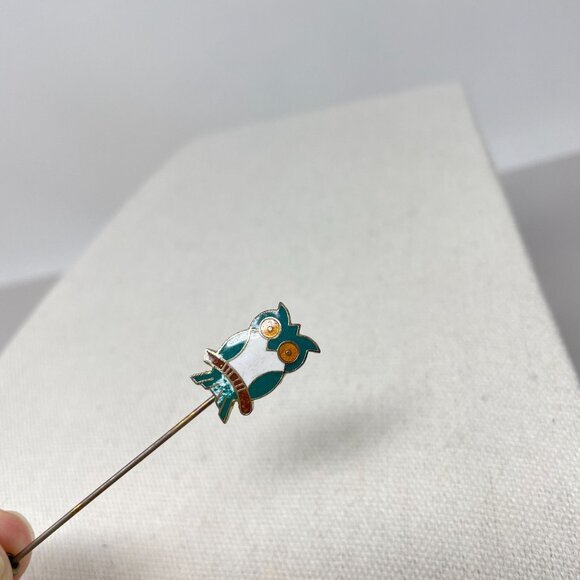 Cloisonne Enamel Owl Stick Pin Novelty Bird Vintage Gold-Tone Green - Picture 10 of 13